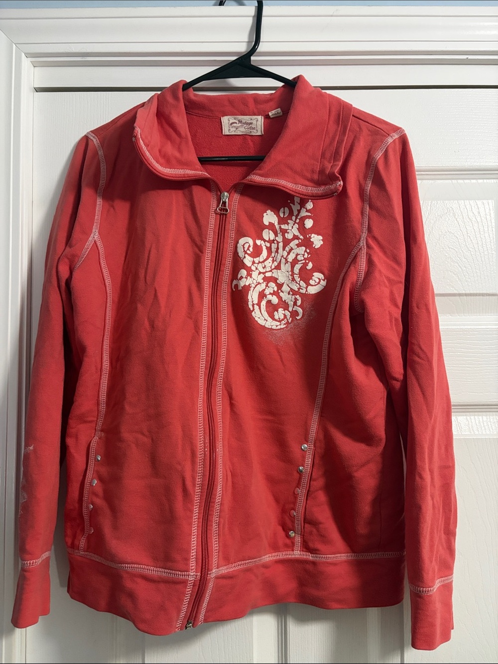 Coral Zip-Front Hoodie with White Floral Print